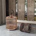 Decorative Ornament Set Featuring Birdcage Shaped Brass And Wooden Designs With Woven Screens