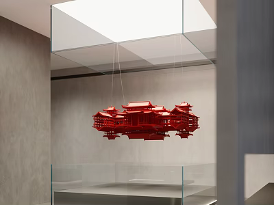 Traditional Red Chinese Architectural Model Suspended In Glass Display Cabinet Interior 3d model