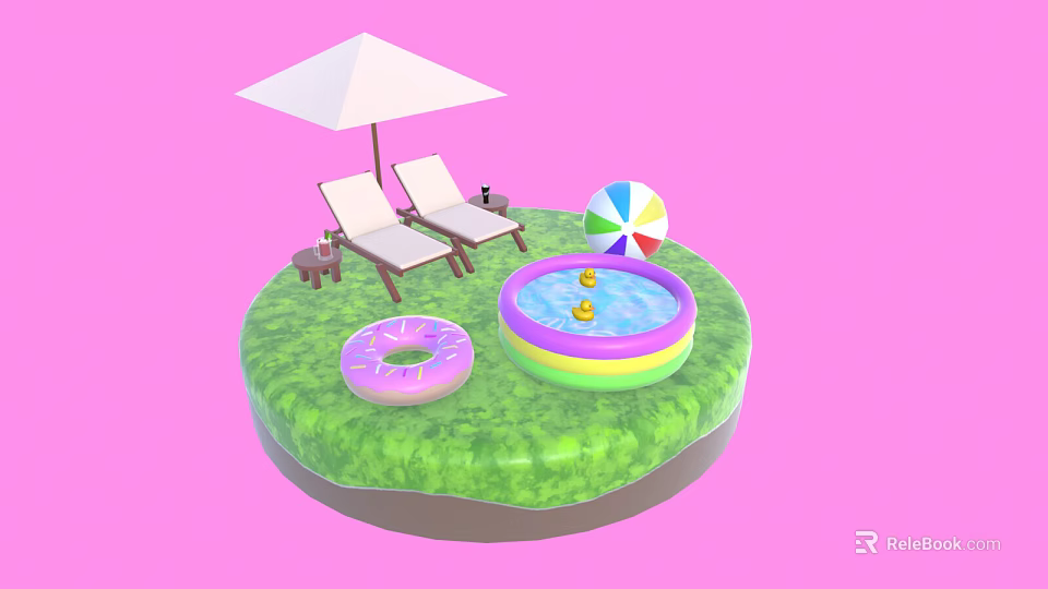 Outdoor Green Platform Setup With Lounge Chairs Umbrella Beach Ball Donut Float And Inflatable Pool 3d model 