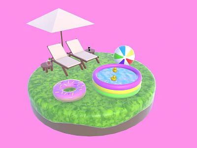 Outdoor Green Platform Setup With Lounge Chairs Umbrella Beach Ball Donut Float And Inflatable Pool 3d model