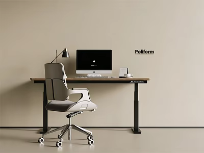 Modern Wooden Office Desk With Ergonomic Chair Computer Monitor And Desk Lamp 3d model