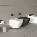 Modern Wall Mounted White And Black Toilets With Toilet Paper Holder And Gray Tiled Walls