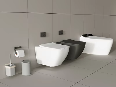 Modern Wall Mounted White And Black Toilets With Toilet Paper Holder And Gray Tiled Walls 3d model