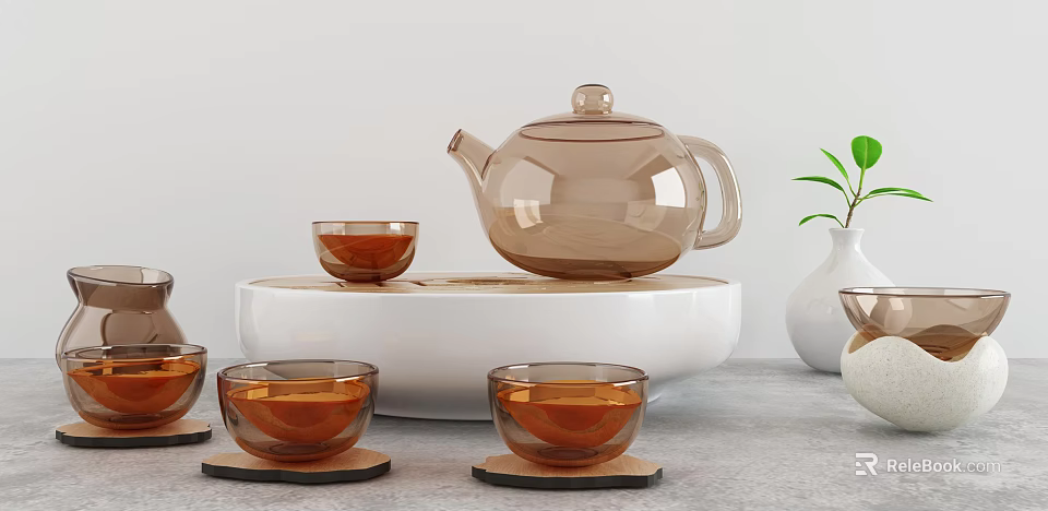 Transparent Glass Tea Set With Teapot Cups And Wooden Coasters On White Tray 3d model 