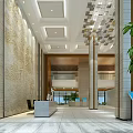 Modern Service Hall Interior Design With Large Chandelier Decorative Wall Front Desk And Marble Flooring