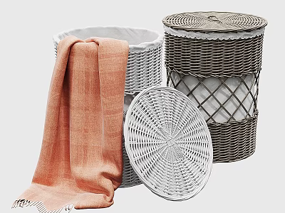 Woven Rattan Storage Baskets White Brown Lidded Design With Orange Towel For Home Decor Organizing 3d model