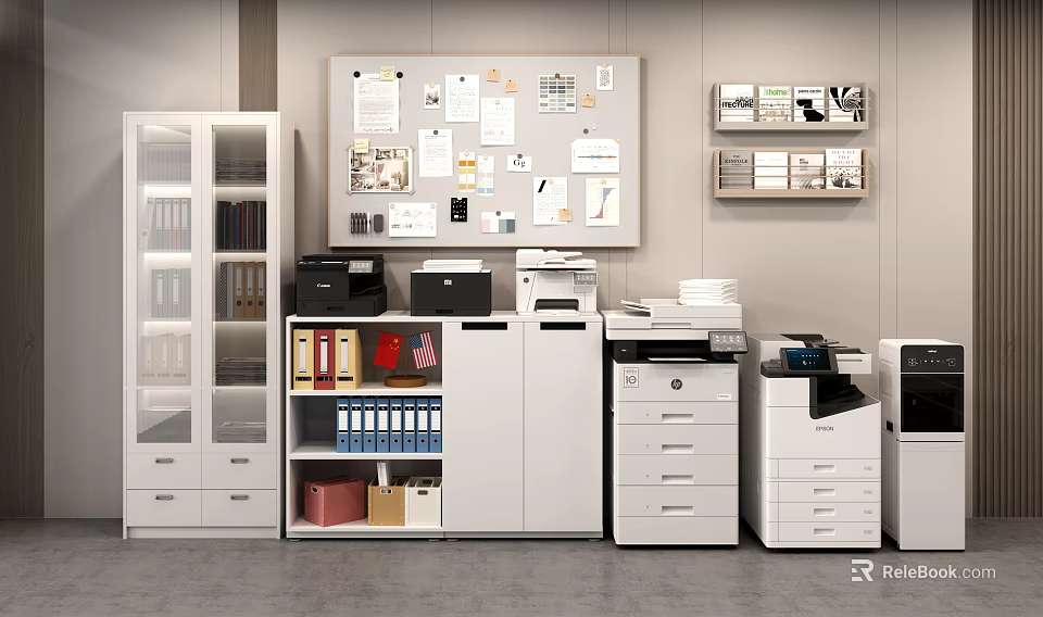 Modern Office Space Featuring Office Appliances Like Printers File Cabinets And Bulletin Board 3d model 