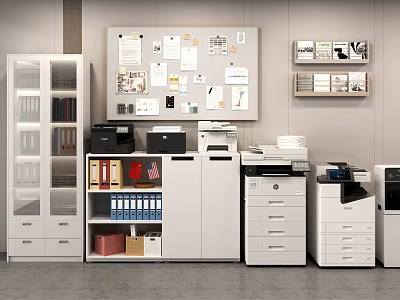 Modern Office Space Featuring Office Appliances Like Printers File Cabinets And Bulletin Board 3d model
