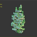 3D Architectural Model With Multi Layered Structure And Intricate Tower Design In Blue Green Tones