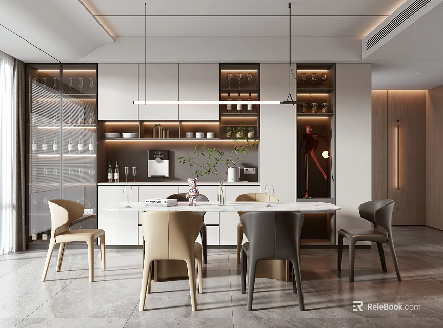 Modern Restaurant Interior With Round Dining Table And Hanging Lights 3d model