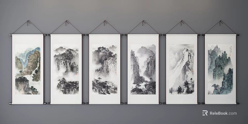 Four Chinese Ink Wash Landscape Paintings on Scrolls with Misty Mountains and Flowing Waterfalls 3d model 