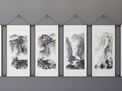 Four Chinese Ink Wash Landscape Paintings on Scrolls with Misty Mountains and Flowing Waterfalls 3d model
