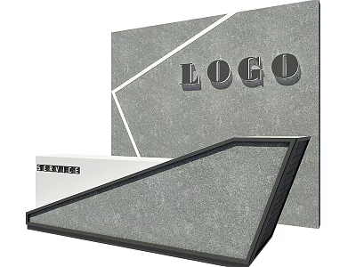 Modern Reception Desk Featuring Gray Stone Backdrop And Geometric Logo Design 3d model