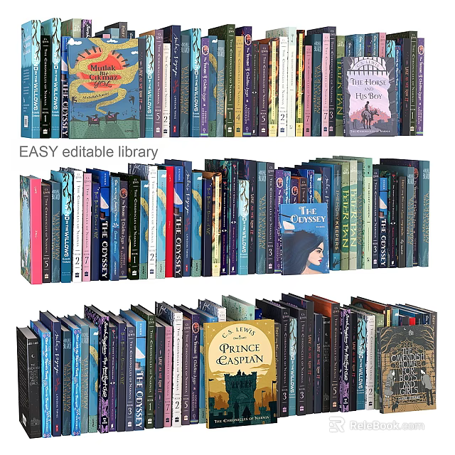Colorful Book Spines Collection In Easy Editable Library With Various Titles 3d model 
