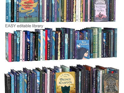 Colorful Book Spines Collection In Easy Editable Library With Various Titles 3d model