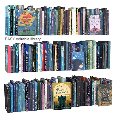 Colorful Book Spines Collection In Easy Editable Library With Various Titles 3d model
