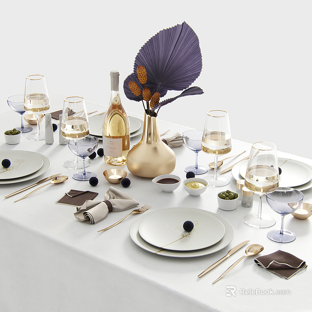 Stylish Tableware Set With Wine Glasses Plates Golden Vase Purple Leaf Napkins And Cutlery 3d model 
