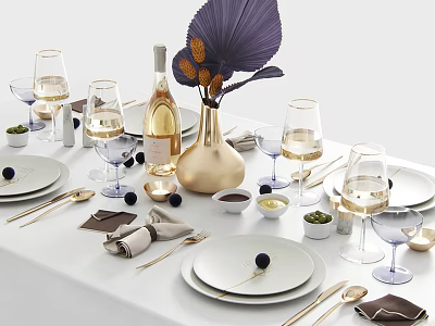 Stylish Tableware Set With Wine Glasses Plates Golden Vase Purple Leaf Napkins And Cutlery 3d model