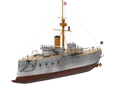 Vintage Warship Model Featuring Yellow Mast White Hull And Flags 3d model