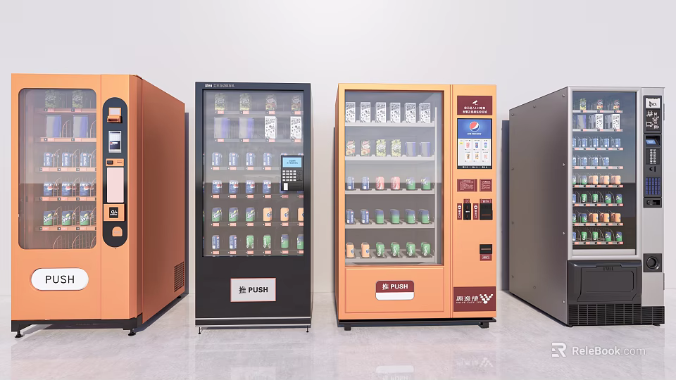 Modern Public Vending Machines Stocked With Snacks And Beverages In Various Designs 3d model 