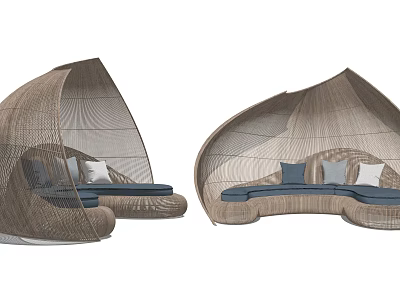Woven Rattan Shell Shaped Outdoor Sofa with Blue and White Cushions for Patio 3d model