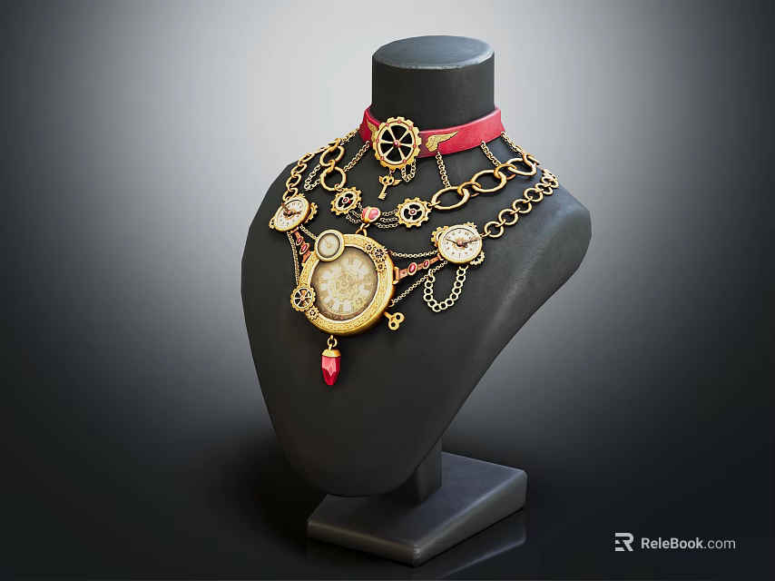 Elegant Gold Jewelry Set on Black Mannequin with Red Ribbon Decorative Pendants and Circular Chains 3d model 