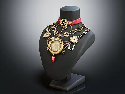 Elegant Gold Jewelry Set on Black Mannequin with Red Ribbon Decorative Pendants and Circular Chains 3d model