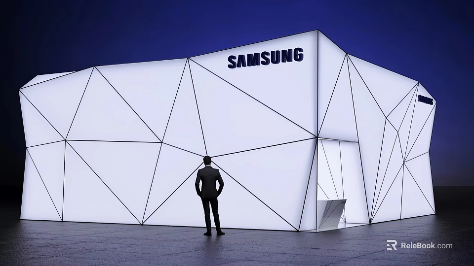 Samsung Modern Geometric Building Exterior With White Structure And Person Against Dark Background 3d model 