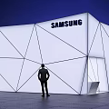 Samsung Modern Geometric Building Exterior With White Structure And Person Against Dark Background