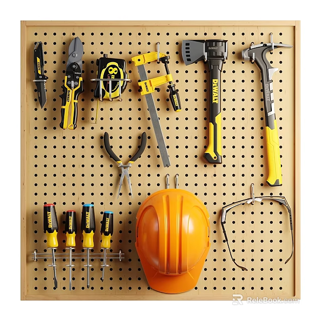 Organized Tool Set On Pegboard With Pliers Hammers Screwdrivers And Safety Helmet 3d model 