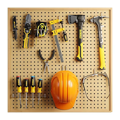 Organized Tool Set On Pegboard With Pliers Hammers Screwdrivers And Safety Helmet 3d model