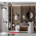 Elegant Modern Bathroom Interior With Glass Shower Wooden Panel Walls Marble Counter And Round Mirror