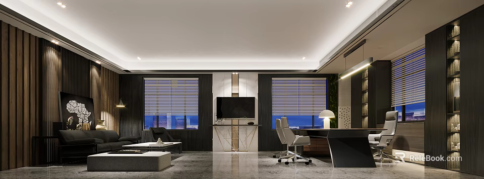 Modern Office Interior Design With Open Plan Large Windows Blinds Desk And Plants 3d model