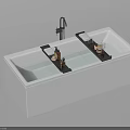 Sleek Modern Freestanding White Bathtub With Black Faucet And Wooden Trays Holding Bath Accessories