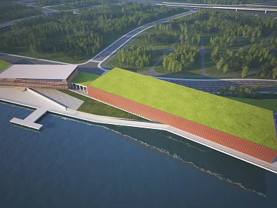 Aerial View Planning of Waterfront Building With Green Roof Surrounding Roads And Forest Areas 3d model