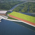 Aerial View Planning of Waterfront Building With Green Roof Surrounding Roads And Forest Areas