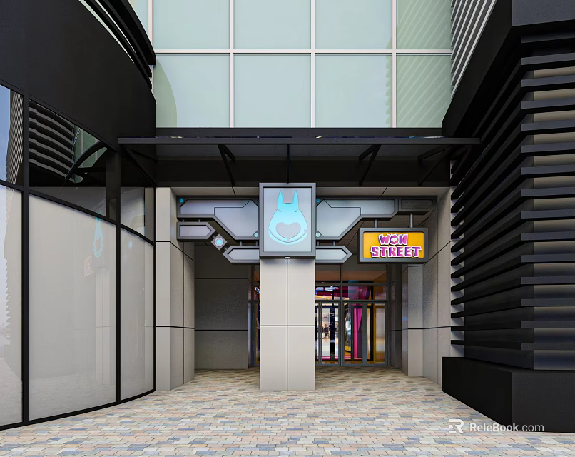 Modern Event Entrance With Black Canopy Glass Facade And Illuminated Sign 3d model 