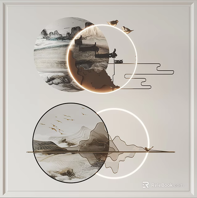 Modern Chinese Style Wall Decor With Circular Design And Mountain Landscape Patterns 3d model