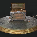 Open Wooden Chest Filled With Gold Coins On Circular Metal Base With Decorations And Candles