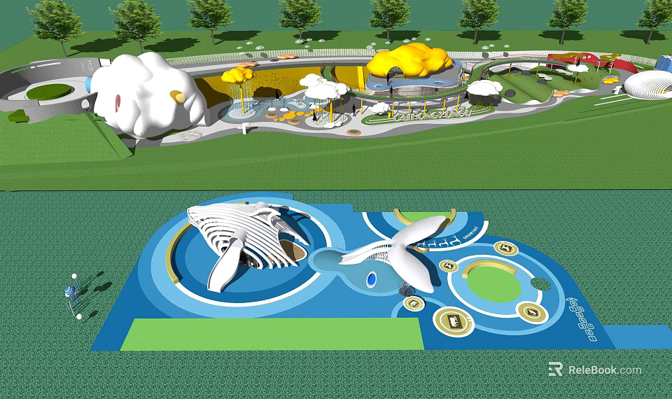Outdoor Children's Playground Featuring Cloud Shaped Structures And Whale Themed Play Equipment 3d model 