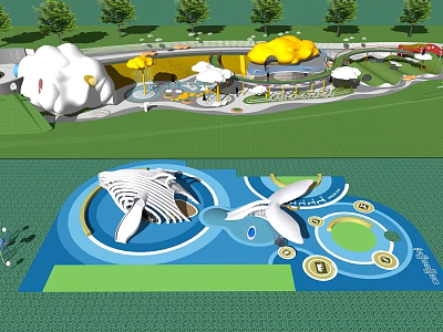 Outdoor Children's Playground Featuring Cloud Shaped Structures And Whale Themed Play Equipment 3d model