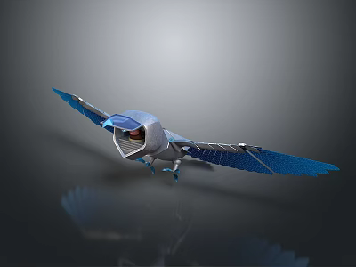 Futuristic Mechanical Bird In Flight With Blue Wings Silver Body And Reflective Surface 3d model