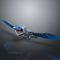 Futuristic Mechanical Bird In Flight With Blue Wings Silver Body And Reflective Surface