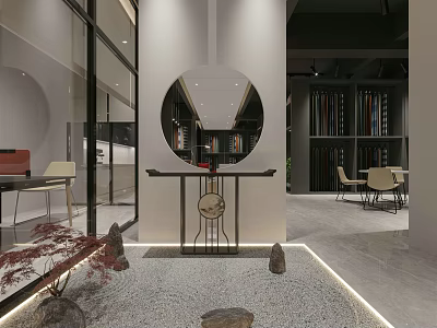 Modern Interior Design With Circular Mirror Console Table Stones And Bookshelves 3d model