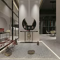 Modern Interior Design With Circular Mirror Console Table Stones And Bookshelves