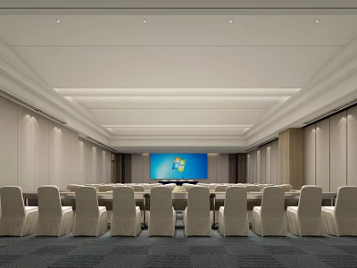 Modern Conference Room Interior With Rows Of Chairs Projector Screen And Soft Lighting 3d model