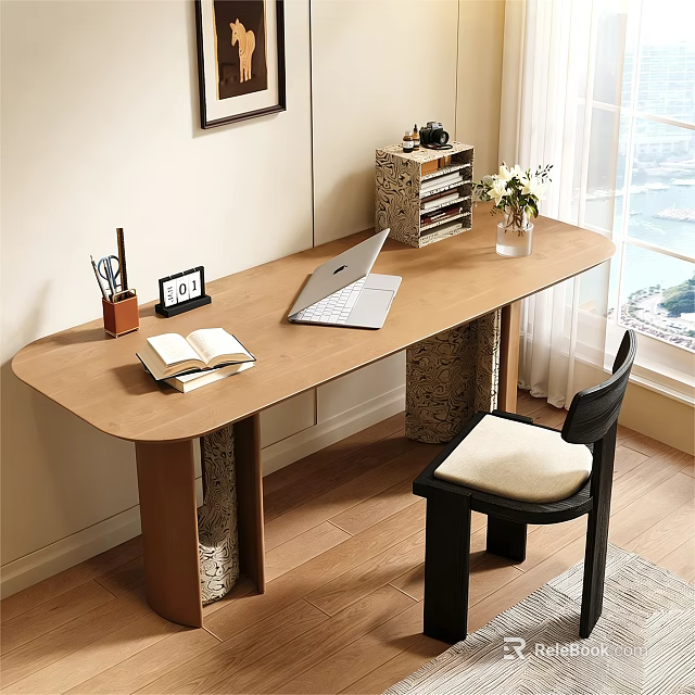 Wooden Desk With Laptop Open Book Pen Holder Photo Frame And Storage Box Near Window 3d model 