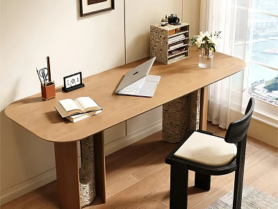 Wooden Desk With Laptop Open Book Pen Holder Photo Frame And Storage Box Near Window 3d model