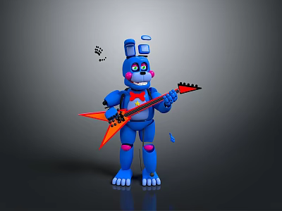 Blue Rabbit Robot Playing Orange Electric Guitar With Floating Musical Notes 3d model