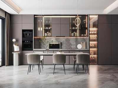 Modern Restaurant Interior With Open Design Dining Table And Pendant Lights 3d model